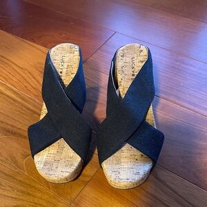 Lucky Brand Black and Tan Wedge Sandals